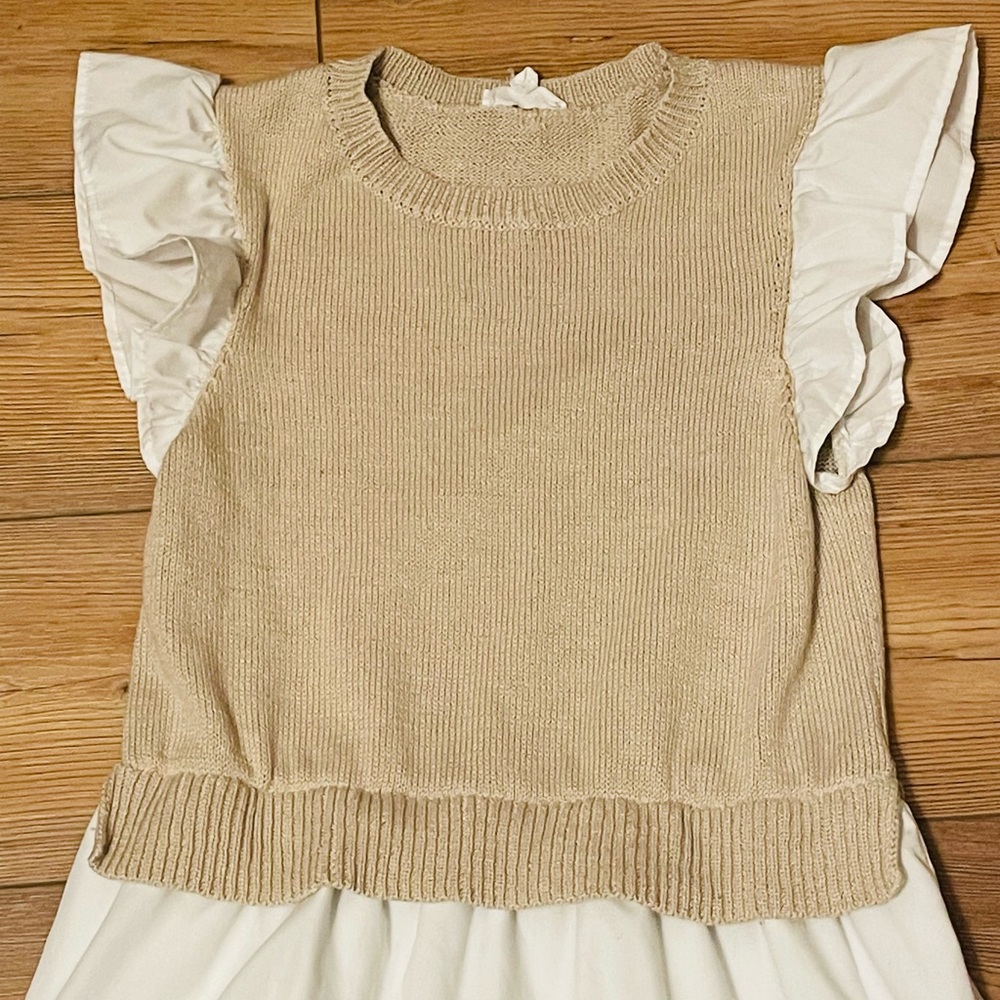 Sleeveless Beige Knit Bodice White Tiered Maxi Dress - Picture 3 of 7